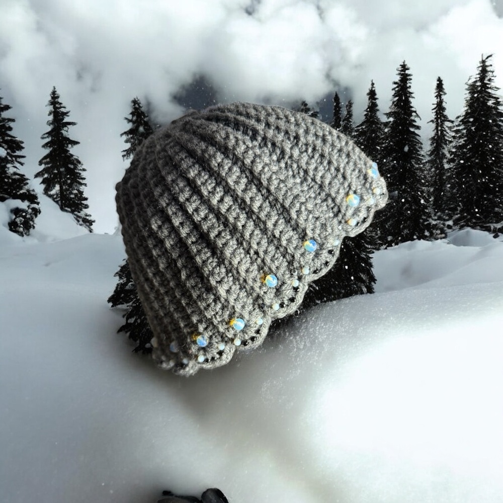 Unbranded handmade Gray Crocheted Women's Beanie with decorative Beads Boho chic